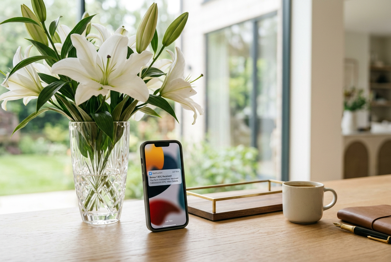 Smartfon z powiadomieniem o bonusie Bitcoin obok białych lilii w jasnym wnętrzu.