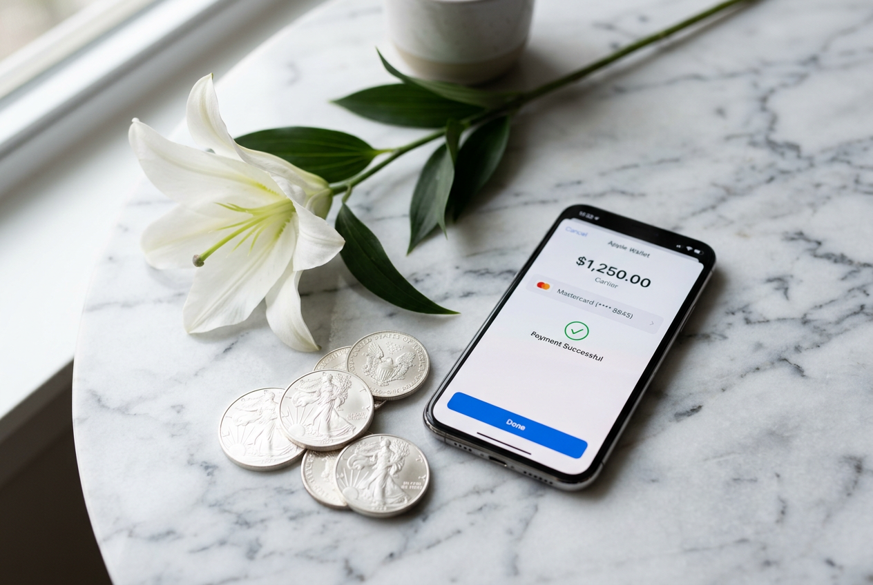 A smartphone showing a payment confirmation next to an elegant flower.