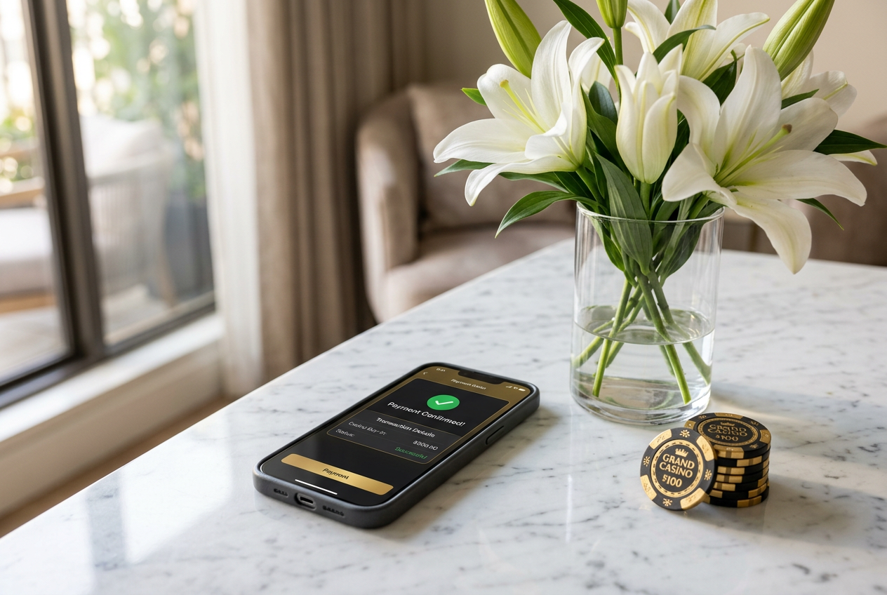 A high-end smartphone displaying a casino app and a digital wallet interface next to white flowers and gold chips.