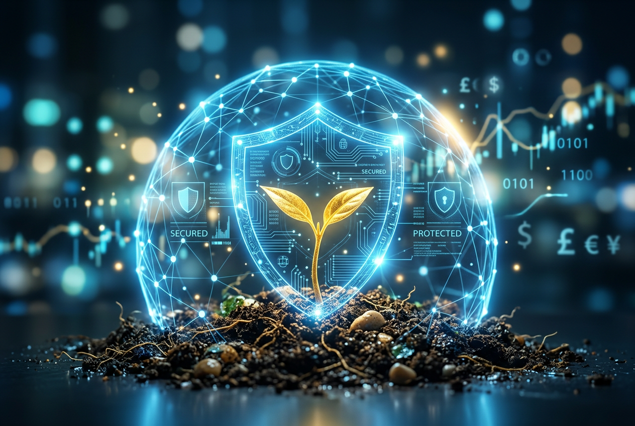 Abstract representation of financial security showing a digital shield and growing golden plants.