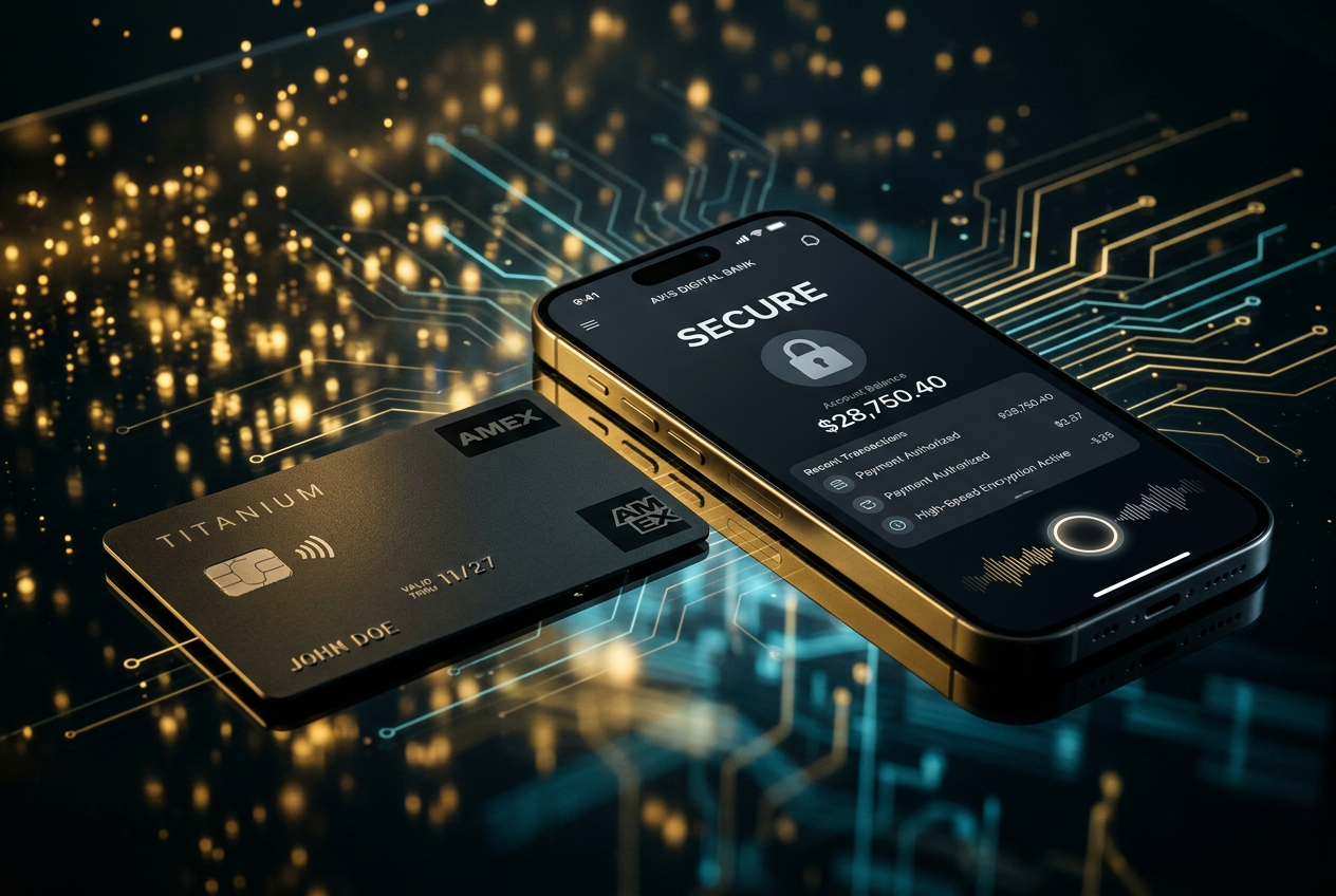 Macro shot of a premium black credit card and digital security interface.